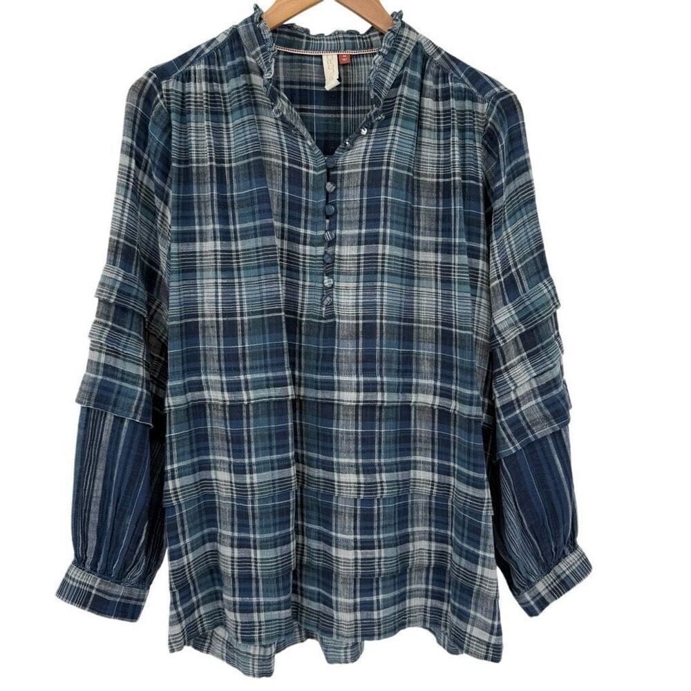 Anthropologie Pilcro Carrie Tunic Top Long Sleeve Tiered Plaid‎ Blue Women XS